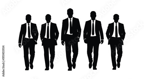 A group of five businessmen in suits and ties walking forward presented as a striking silhouette high quality professional detailed modern