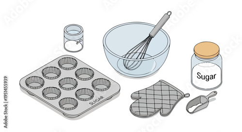 Illustration of baking supplies including a muffin tin, bowl with whisk, sugar jar, measuring spoon, and oven mitt on a white background.