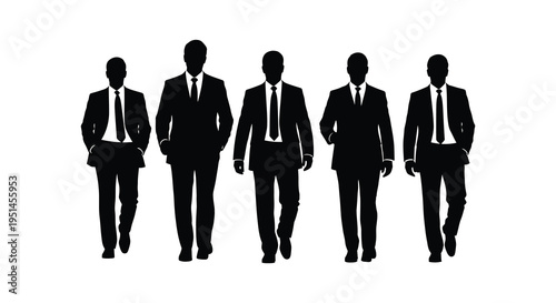 A group of five formally dressed men walking in a line depicted as a striking black silhouette high quality professional detailed