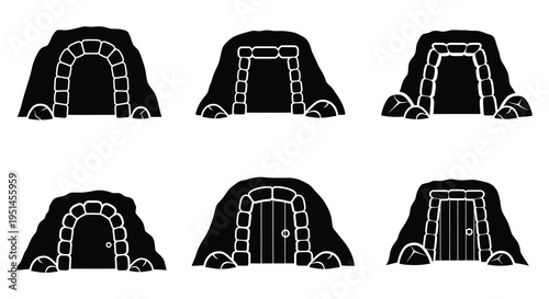 A series of stone archways and cave entrances are depicted in a stark graphic black silhouette high quality professional detailed modern