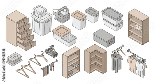Isometric illustration of various closet organizers and storage solutions including shelves, drawers, and hanging rods against a clean white background.