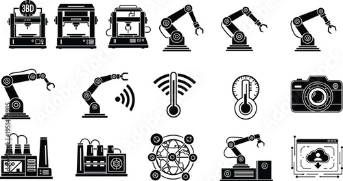 Black silhouette vector icons of smart industry technology featuring robotic arms, 3D printers, factory buildings, temperature sensors, global networks, and cloud computing for modern manufacturing.