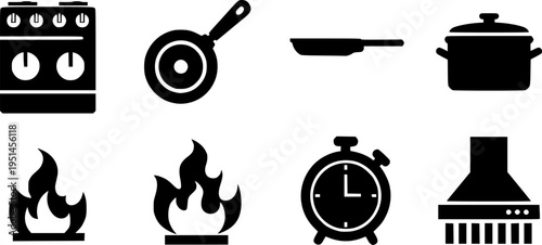 Kitchen appliance icons: stove, pan, pot, fire, timer, and ventilation
