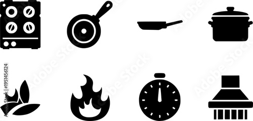 Kitchen appliance icons: stove, pan, pot, fire, timer, and ventilation
