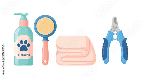 Flat lay of pet grooming tools and supplies including shampoo, brush, towel, and nail clippers on a white background.