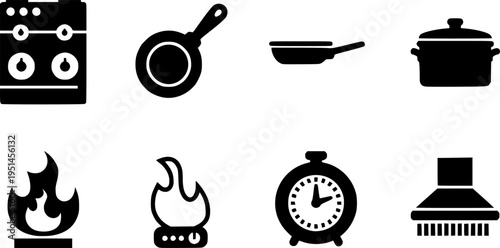 Kitchen appliance icons: stove, pan, pot, fire, timer, and ventilation
