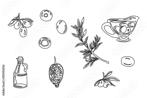 Hand drawn olive oil ingredients set with olives, olive branch, oil bottle, gravy boat and strainer line art illustration.
