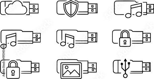 Set of usb icons with symbols: cloud, shield, music, lock, image, usb
