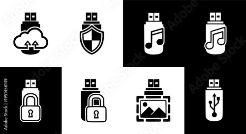 Set of usb icons with symbols: cloud, shield, music, lock, image, usb

