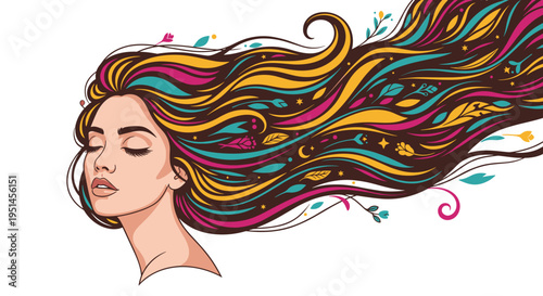 A woman's profile is depicted with long, flowing hair adorned with colorful leaves and flowers on a white background.