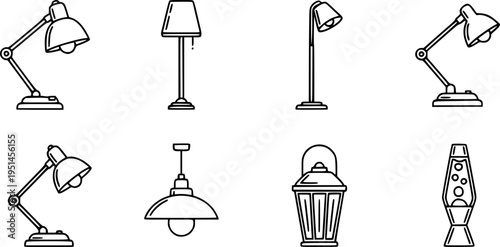 Assorted lamp icons featuring table, floor, desk, pendant, lantern, and lava lamps in black outline
