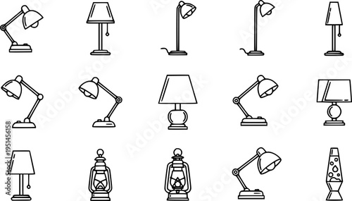 Assorted lamp icons featuring table, floor, desk, pendant, lantern, and lava lamps in black outline
