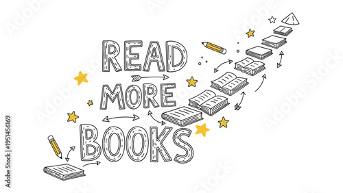 Read More Books Concept: A visual concept promotes literacy and lifelong learning, showcasing the journey of book consumption, with pencils and star accents.