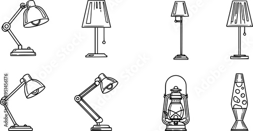 Assorted lamp icons featuring table, floor, desk, pendant, lantern, and lava lamps in black outline

