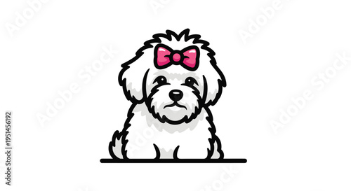 A fluffy white cartoon Maltese dog with a pink bow on its head sits looking forward on a plain white background.