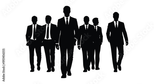 A group of six formally dressed men walking together presented in a striking black silhouette high quality professional detailed modern elegant