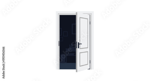 A pair of white double doors stands slightly open, revealing a dark, shadowy room interior on a light grey background.
