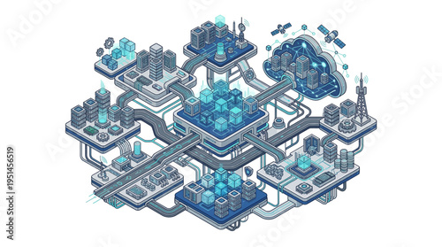 A futuristic isometric illustration of a technological industrial complex with various machinery.