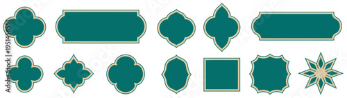 Islam frame shape design, vintage Ramadan pattern, Muslim architectural vector elements, golden decorative accents, festive celebration graphic, isolated illustration