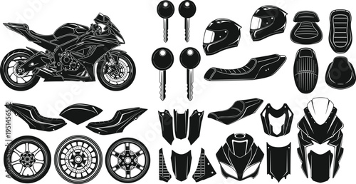 Black silhouette vector set of sport motorcycle parts featuring a superbike, racing helmets, ignition keys, wheels, fairings, seats, and bodywork components for custom design.