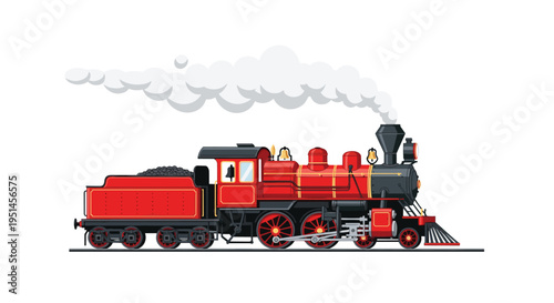 A detailed red steam locomotive, with black and gold accents, emits a large plume of white smoke while standing on a track.