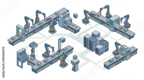Industrial robots working on production line.