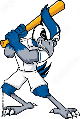 Aggressive Blue Jay Bird Baseball Player Mascot with Wooden Bat