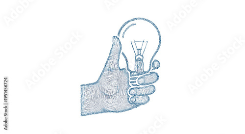 A dotted line art hand holds a stippled lightbulb, both rendered in blue, against a clean white background.