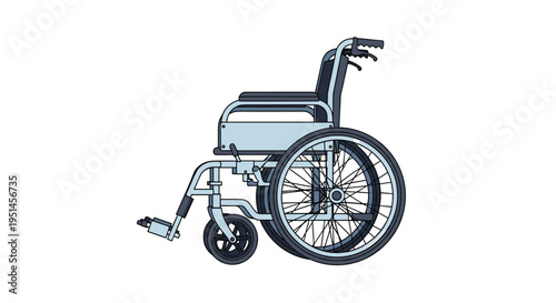 A modern manual wheelchair, rendered in blue-grey tones, is presented in profile against a stark white background.