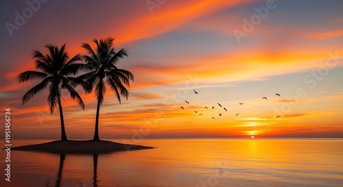 Serene tropical sunset with two palm trees on a small island and birds flying over the calm sea illustration