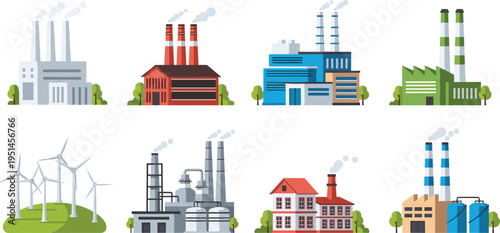 Flat vector illustration set of industrial factory buildings featuring smoking chimneys, power plants, manufacturing facilities, oil refineries, and a green energy wind turbine farm.