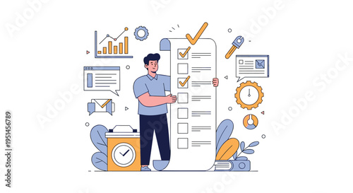 Professional businessman holds a giant scroll with a long checklist of completed tasks and business growth charts.