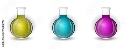 Collection of three round science flasks containing glowing yellow cyan and magenta liquid chemicals isolated on a transparent background