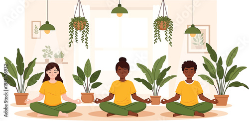 Diverse Women Meditating in Indoor Garden