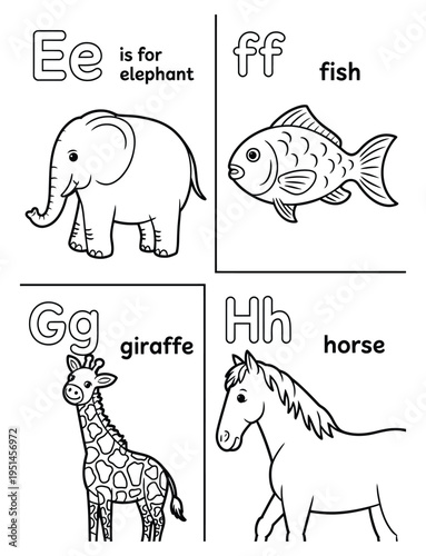 Alphabet e f g h letters with matching words and illustrations for children early learning