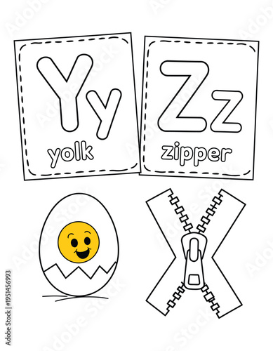 Alphabet y and z letters with corresponding words yolk and zipper for children education
