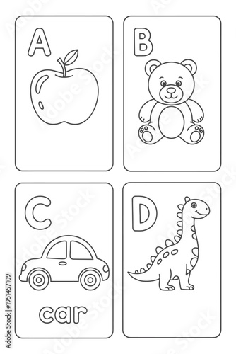 Alphabet flashcards for learning letters a b c d with apple teddy bear car and dinosaur illustrations