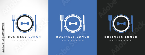 Bow tie, fork, knife and plate of logo. Business lunch design