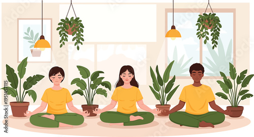 People Meditating in Yoga Poses at Home with Plants