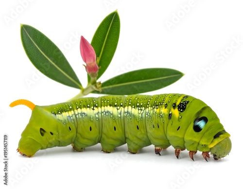 Green caterpillar with leaves and flower