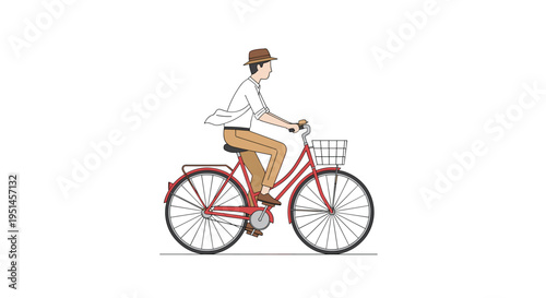 An illustrated man wearing a hat rides a red bicycle with a front basket in profile against a white background.