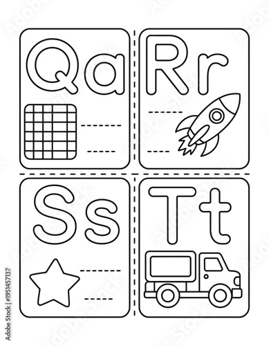 Alphabet flashcards for learning letters q r s t with grid rocket star and truck illustrations