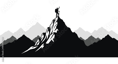 A lone figure stands triumphantly atop a mountain peak arms raised in victory a striking silhouette high quality professional detailed modern