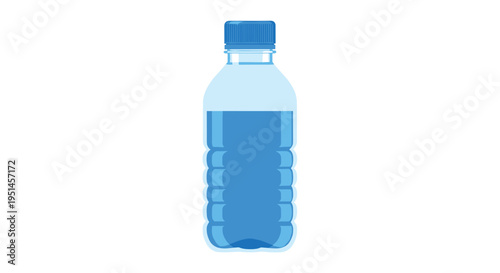 A plastic water bottle with a blue cap and blue liquid stands vertically on a white background.