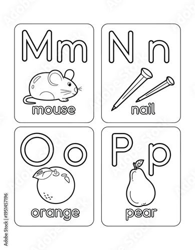 Alphabet workbook coloring pages with letters m n o and p including mouse nail orange and pear illustrations for kindergarteners