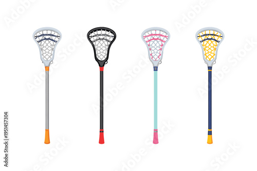 Collection of four colorful lacrosse sticks with nets on a white background