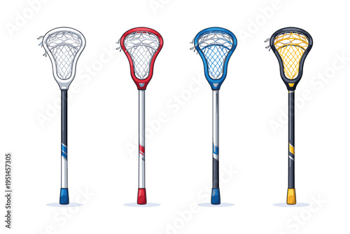 Collection of four colorful lacrosse sticks with nets and handles on a white background