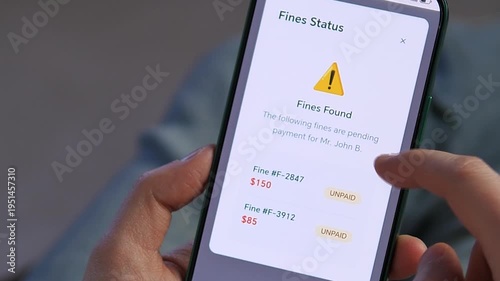 A user finds unpaid penalties through a legal tech application. Mobile screen reveals fine status and costs. Great for debt collection, law enforcement, digital payment solutions, and smart city