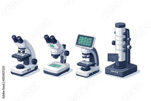 Collection of four diverse scientific microscopes in a row, showcasing evolution of technology