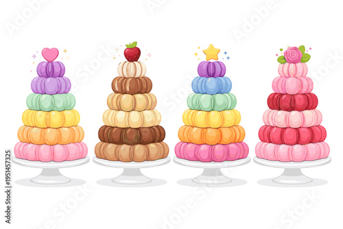 Colorful macaron towers decorated with charming toppers on white cake stands